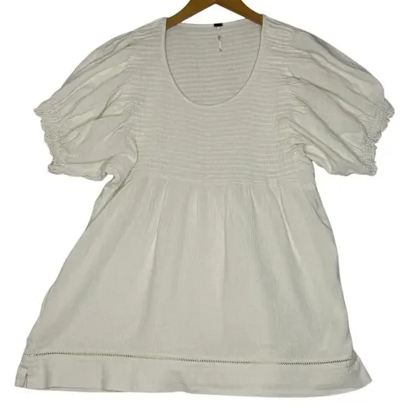 Free People Elsie Top Sz S Cream Puffy Sleeved Baby Doll Smocked Cottagecore - Picture 1 of 9